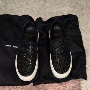 Saint Laurent Black Sparkle Slip-On Shoes